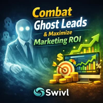 Ghost leads illustration with marketing dashboard and rising ROI chart showing how Swivl helps home service companies capture missed leads and improve marketing ROI.