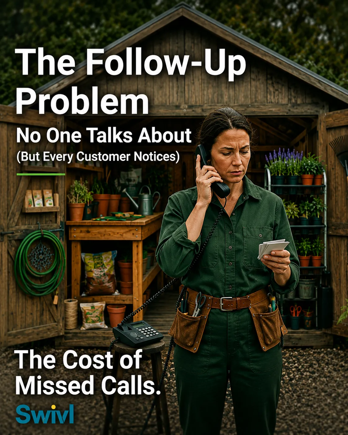 A field service technician stands in front of a gardening shed on the phone