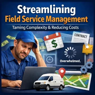 Frustrated field service contractor looking at a laptop while surrounded by icons representing contracts, costs, scheduling, and GPS tracking, illustrating the complexity and expense of traditional field service software.