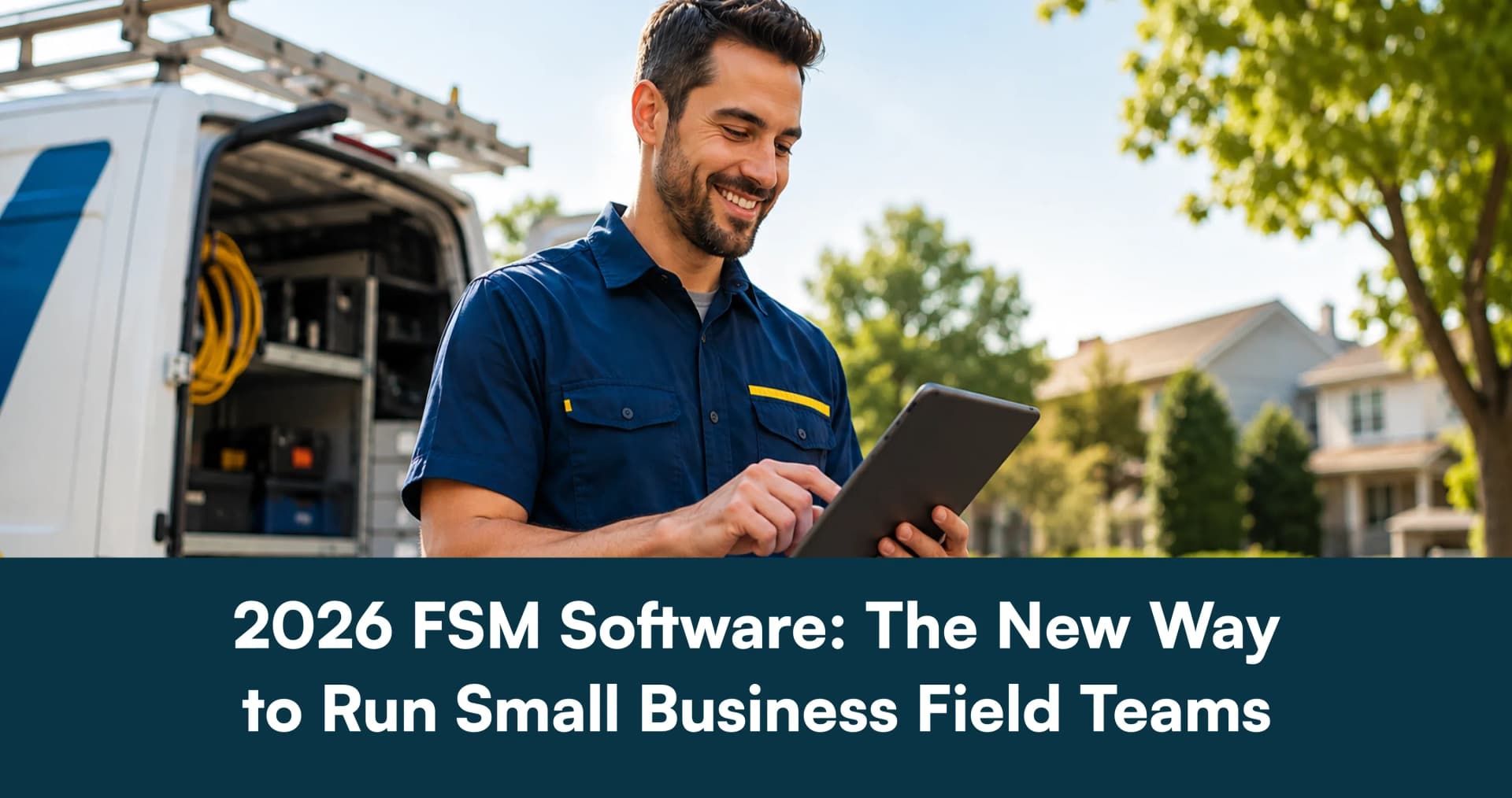A smiling field service technician uses a mobile tablet in front of a service van, featured above a dark blue banner reading 2026 FSM Software: The New Way to Run Small Business Field Teams.