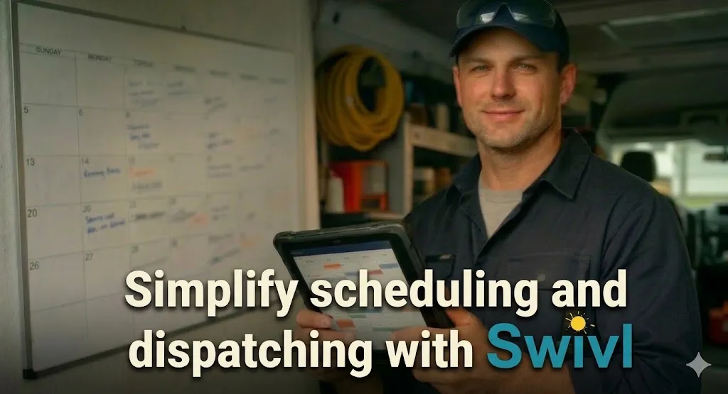 A field service contractor in a work uniform holding a digital tablet displaying a clean dispatch schedule, standing next to a blurred wall of paper calendars and sticky notes.