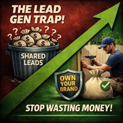 A split-screen graphic with a strong green diagonal arrow. Top-left: money bags with question marks over a trash can labeled "SHARED LEADS," under the title "THE LEAD GEN TRAP!". Bottom-right: a contractor building a fence, next to a large money bag with a green checkmark and a shield reading "OWN YOUR BRAND." Bottom text: "STOP WASTING MONEY!".