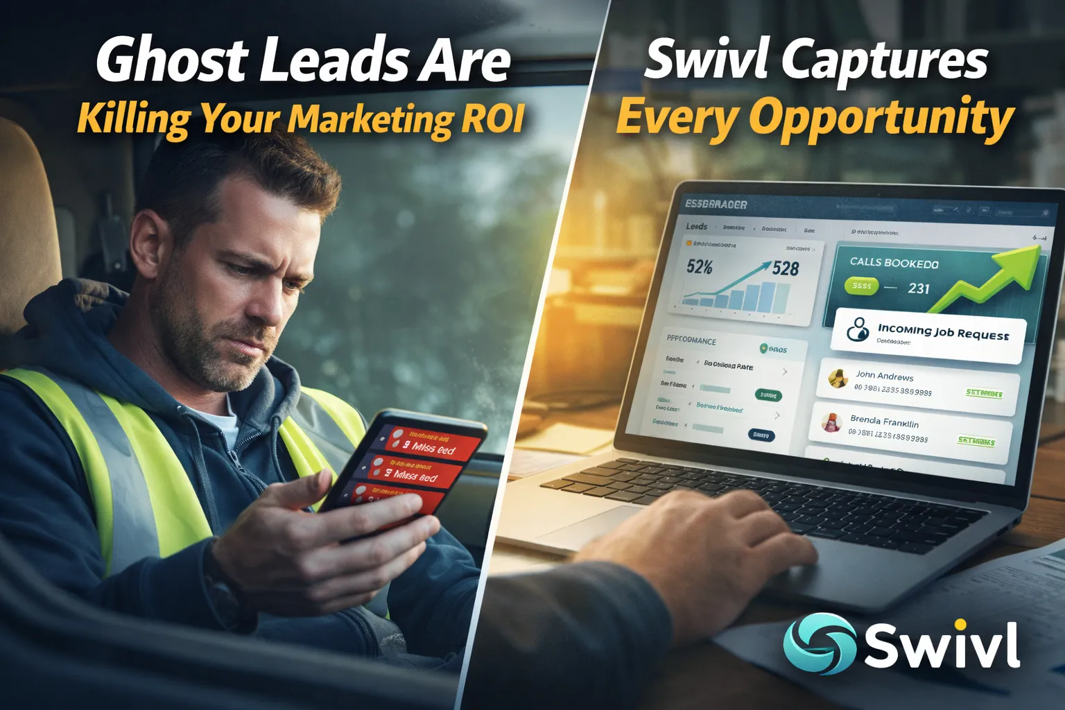 Contractor in work truck looking frustrated at missed leads on phone next to marketing dashboard showing increased leads and ROI with Swivl.