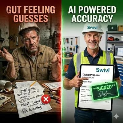 A split-screen graphic: the left side shows a frustrated contractor shrugging his shoulders over a scribbled napkin; the right side shows a professional digital estimate on a tablet with a "Signed" badge.