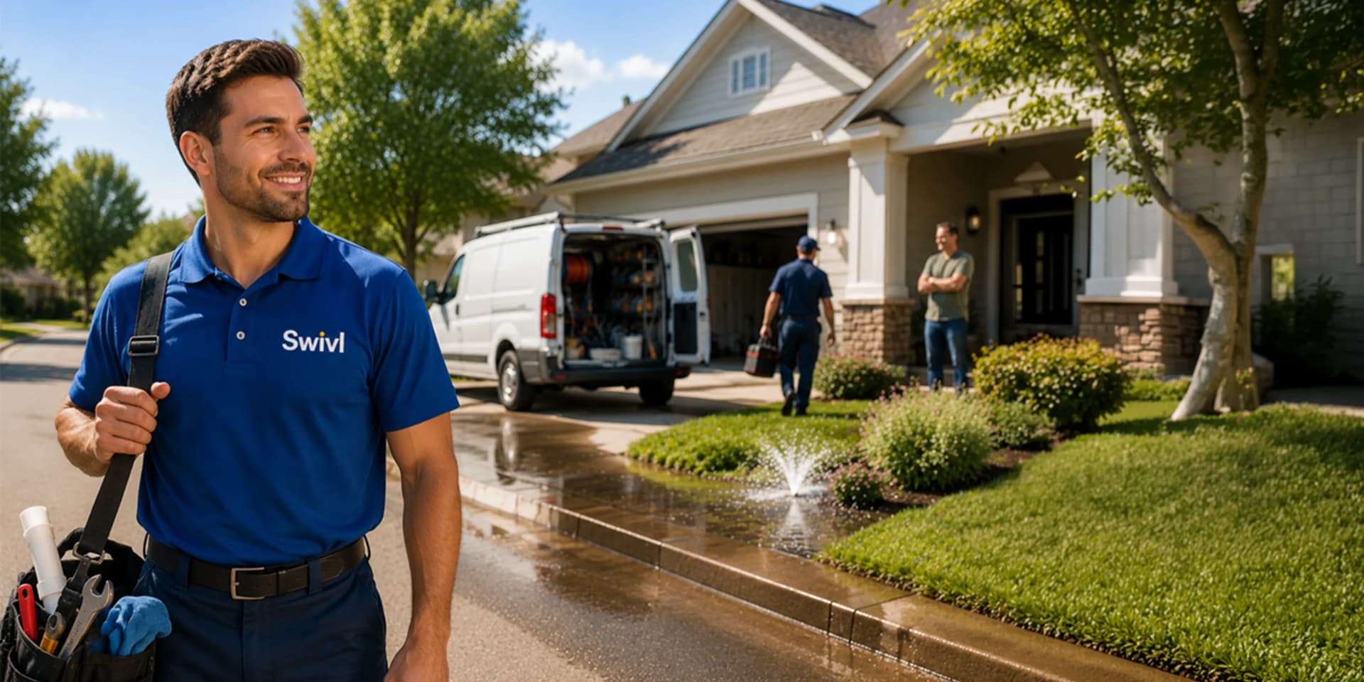 A smiling plumber in a blue Swivl uniform carries a tool bag in the foreground, while a service van and technician arrive at a residential house background.
