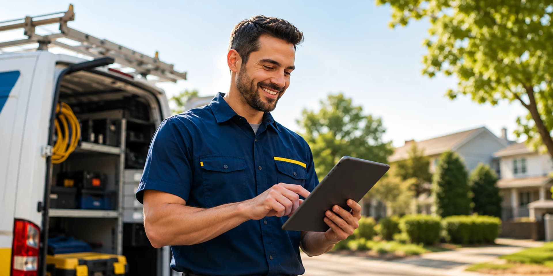 A smiling technician in a dark blue uniform uses a mobile app on a tablet outdoors, standing in front of an open service van parked in a residential neighborhood.
