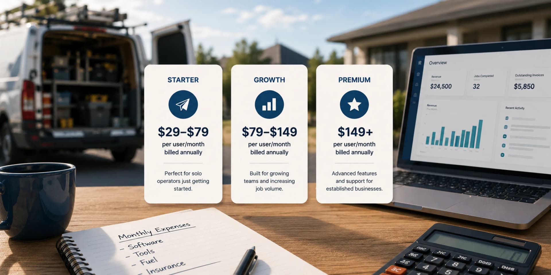 A desk layout featuring a laptop showing a software dashboard, a calculator, a monthly expenses notepad, and three software pricing tier cards labeled Starter at 29 to 79 dollars, Growth at 79 to 149 dollars, and Premium at over 149 dollars per user per