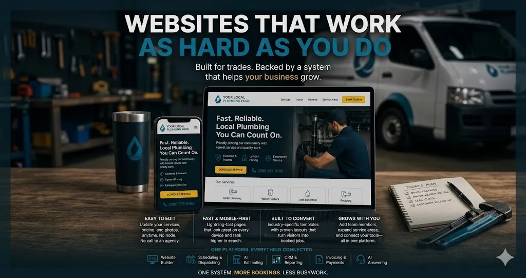 A promotional graphic for a trade-focused website builder features a laptop and smartphone displaying a plumbing business site against a workshop background with a service van. The layout includes bold headlines, a feature-rich footer with icons for scheduling and invoicing, and a physical "Today's Plan" notepad to emphasize the transition from manual work to digital growth.