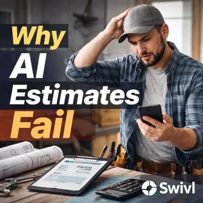 Contractor reviewing a digital job estimate on a smartphone at a worksite, looking frustrated as inaccurate AI estimating tools create confusion about project costs.