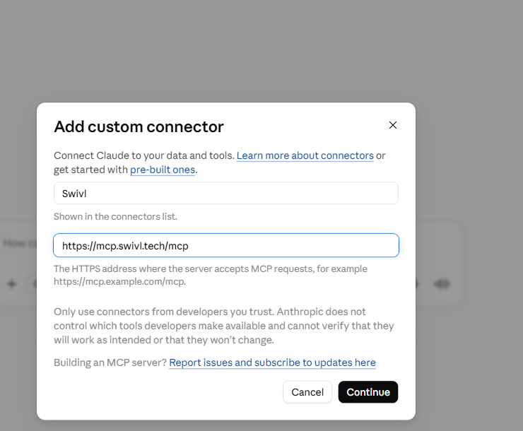 Claude's Add custom connector dialog, filled in with the name Swivl and the address mcp.swivl.tech/mcp.